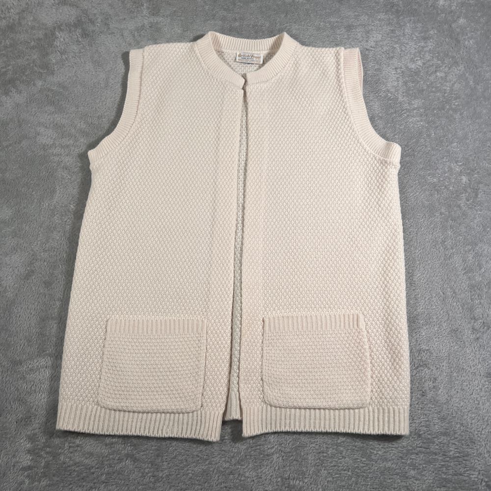 VTG British Vogue Knit Sweater Vest Womens Medium Cream Textured Pockets‎ USA